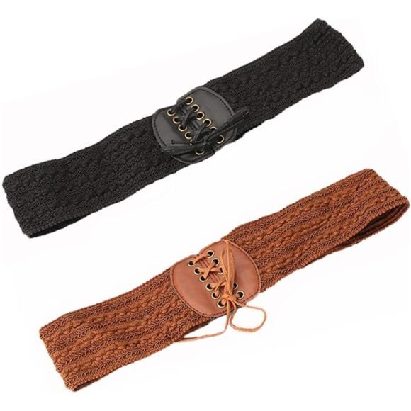JinYu 2 Set PU Leather Elastic Wide Belt for Women Ladies Dress Stretch